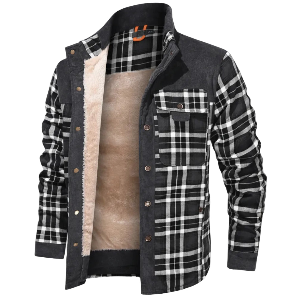 Plaid shirt with black and white pattern on a white background