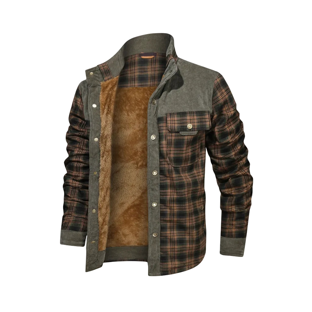 Plaid shirt with brown interior and gray collar on a white background