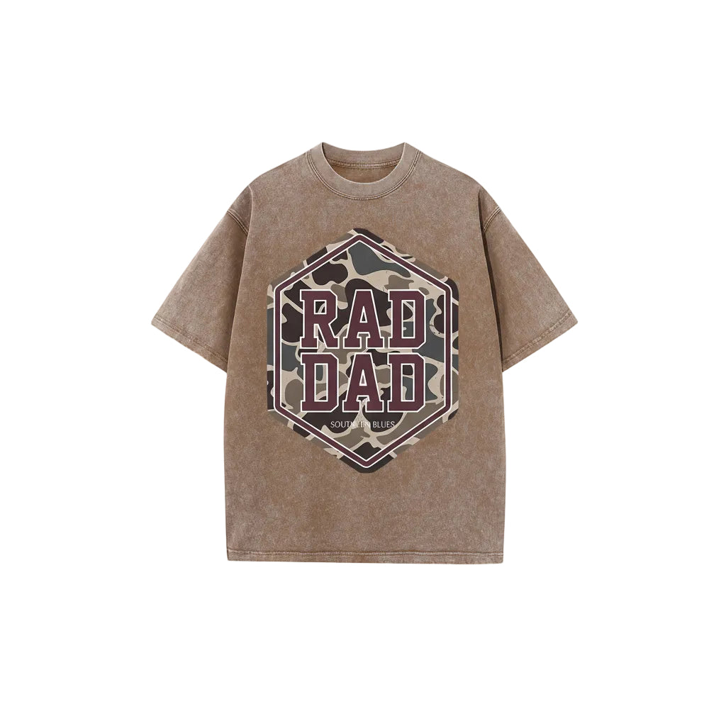 Brown t-shirt with 'RAD DAD' graphic design on a white background