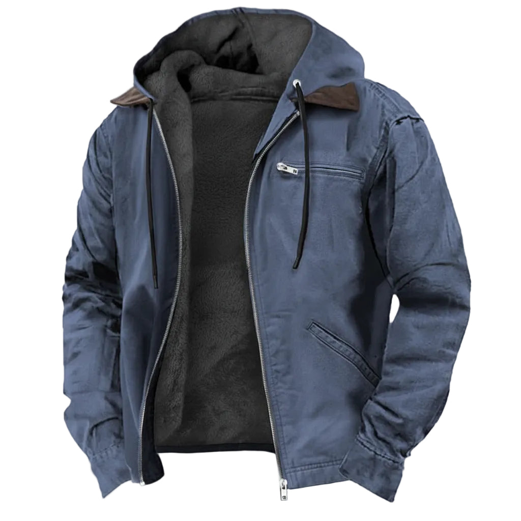 Blue jacket with a hood on a white background
