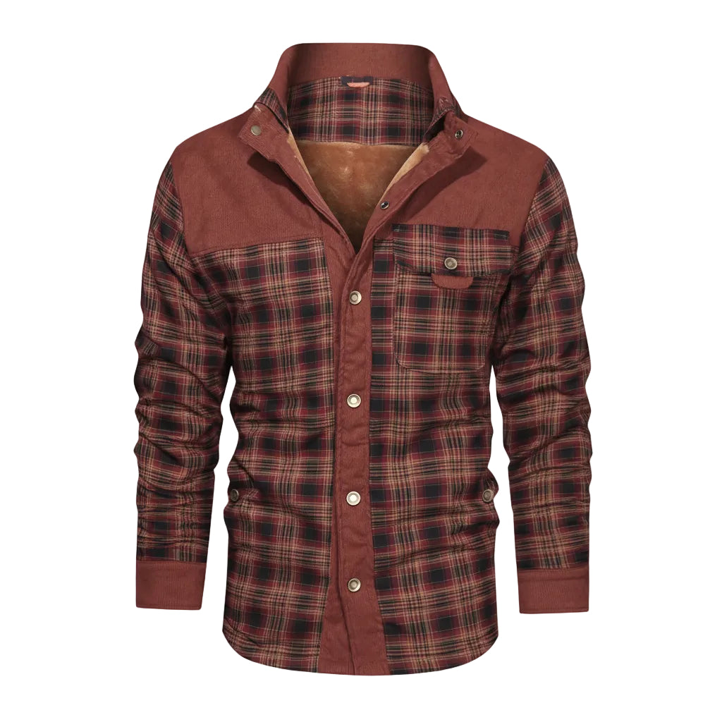 Plaid shirt with a brown collar on a white background
