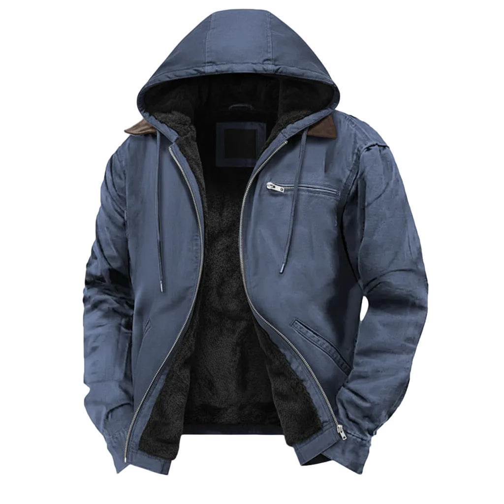 Blue jacket with a hood on a white background