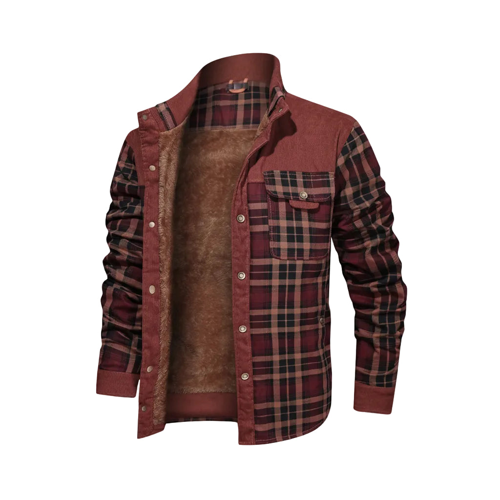 Plaid shirt with brown leather vest on a light gray background