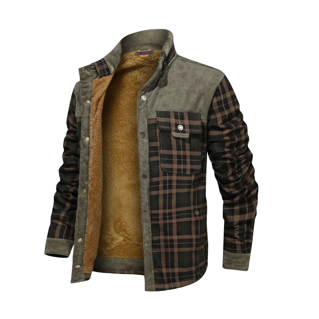 Plaid jacket with brown interior and plaid sleeves on a white background