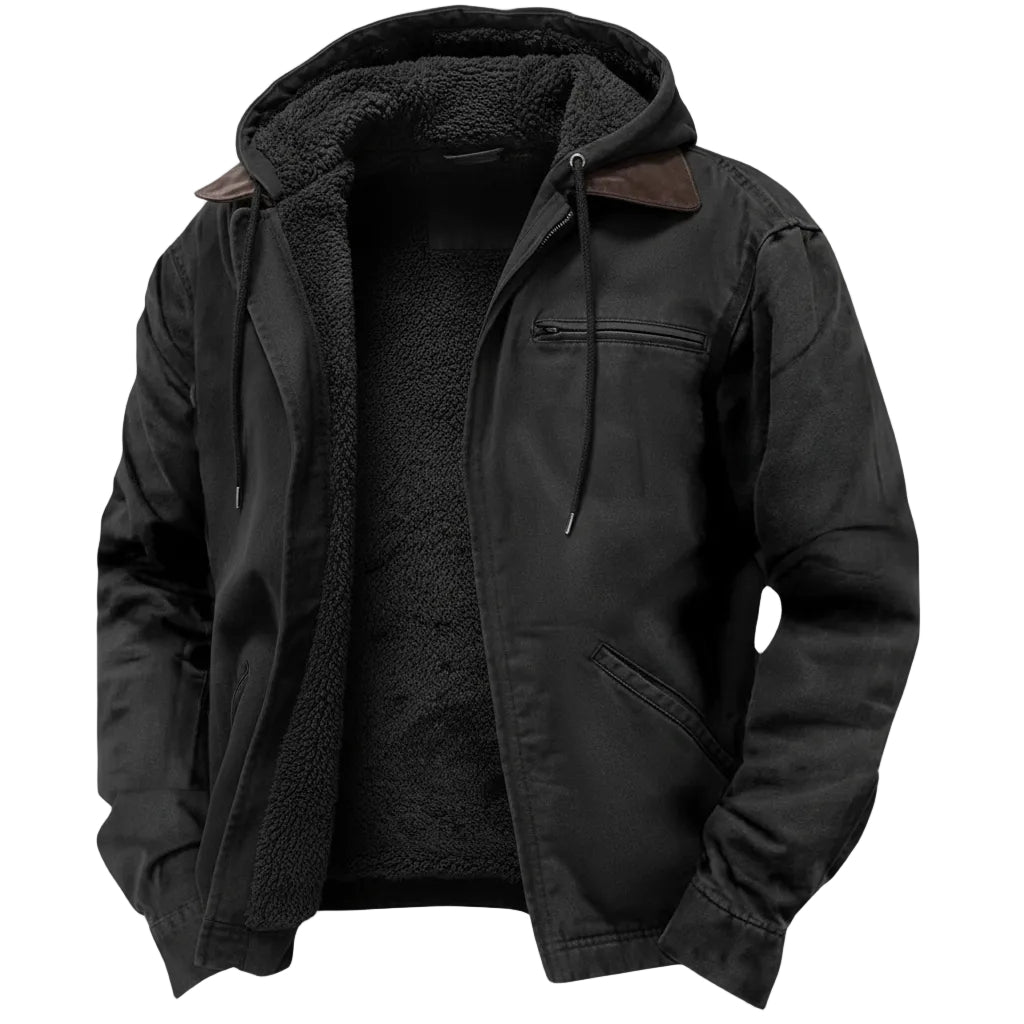 Black hooded jacket on a textured background